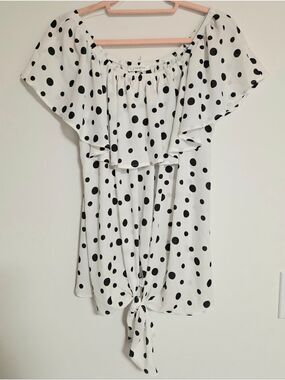 Cherish Polka Dot Off The Shoulder Ruffle Tie Front Blouse White Black Medium